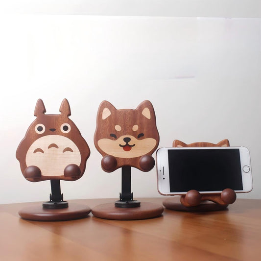 Cute Animal Wooden Phone Stand | Shiba Inu & Totoro | 360° Rotating Holder