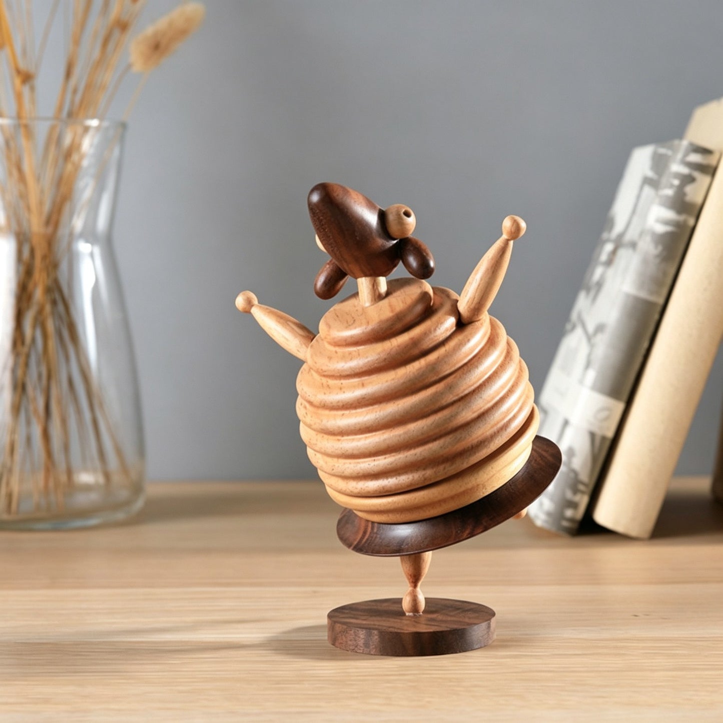 Dancing Sheep Music Box | Spiral-Turned Wood Body | Two-Tone Solid Wood | Wind-Up | 3 Songs | Engravable