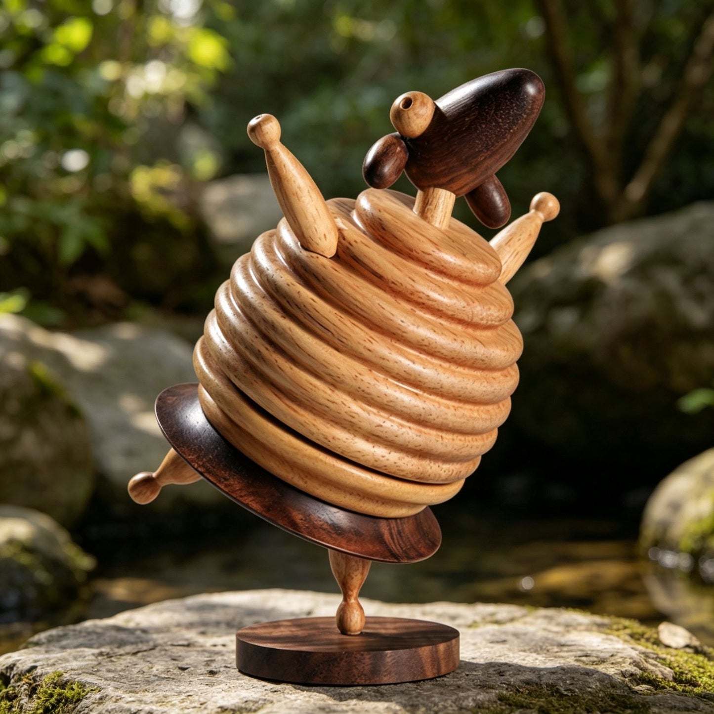 Dancing Sheep Music Box | Spiral-Turned Wood Body | Two-Tone Solid Wood | Wind-Up | 3 Songs | Engravable