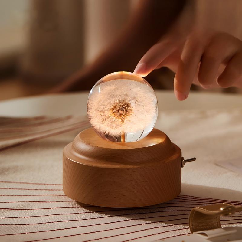 Dandelion Rotating Music Box | Handcrafted Wooden Music Box with LED Light | Engraved Gift for Her