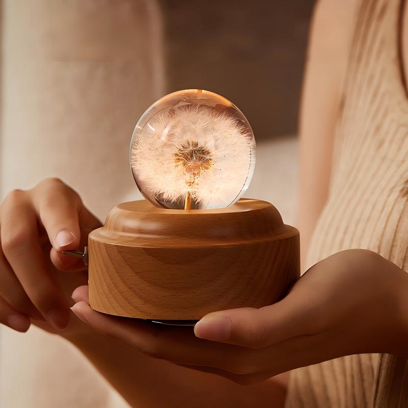 Dandelion Rotating Music Box | Handcrafted Wooden Music Box with LED Light | Engraved Gift for Her