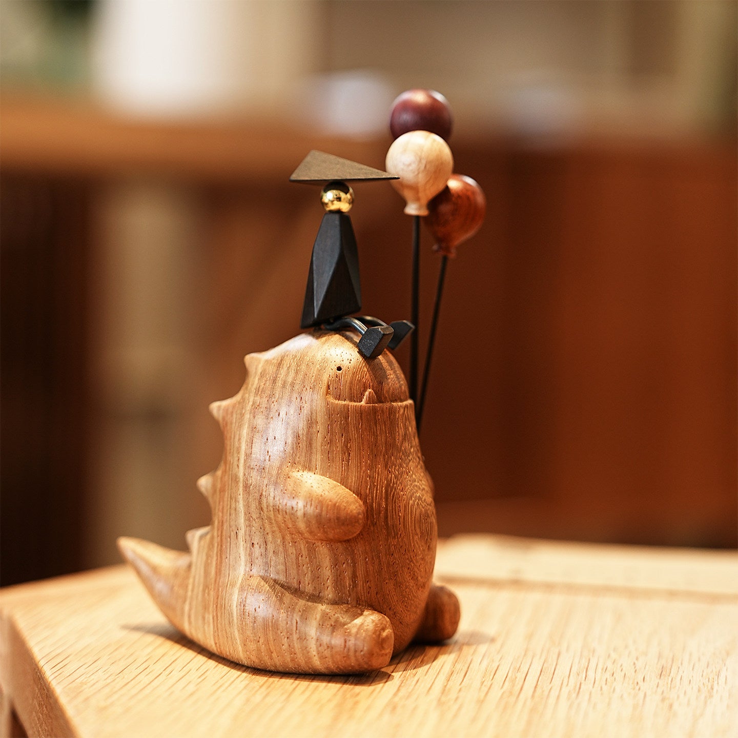 Dinosaur with Balloons Desktop Ornament | Handcrafted Wood Sculpture | Whimsical Gift