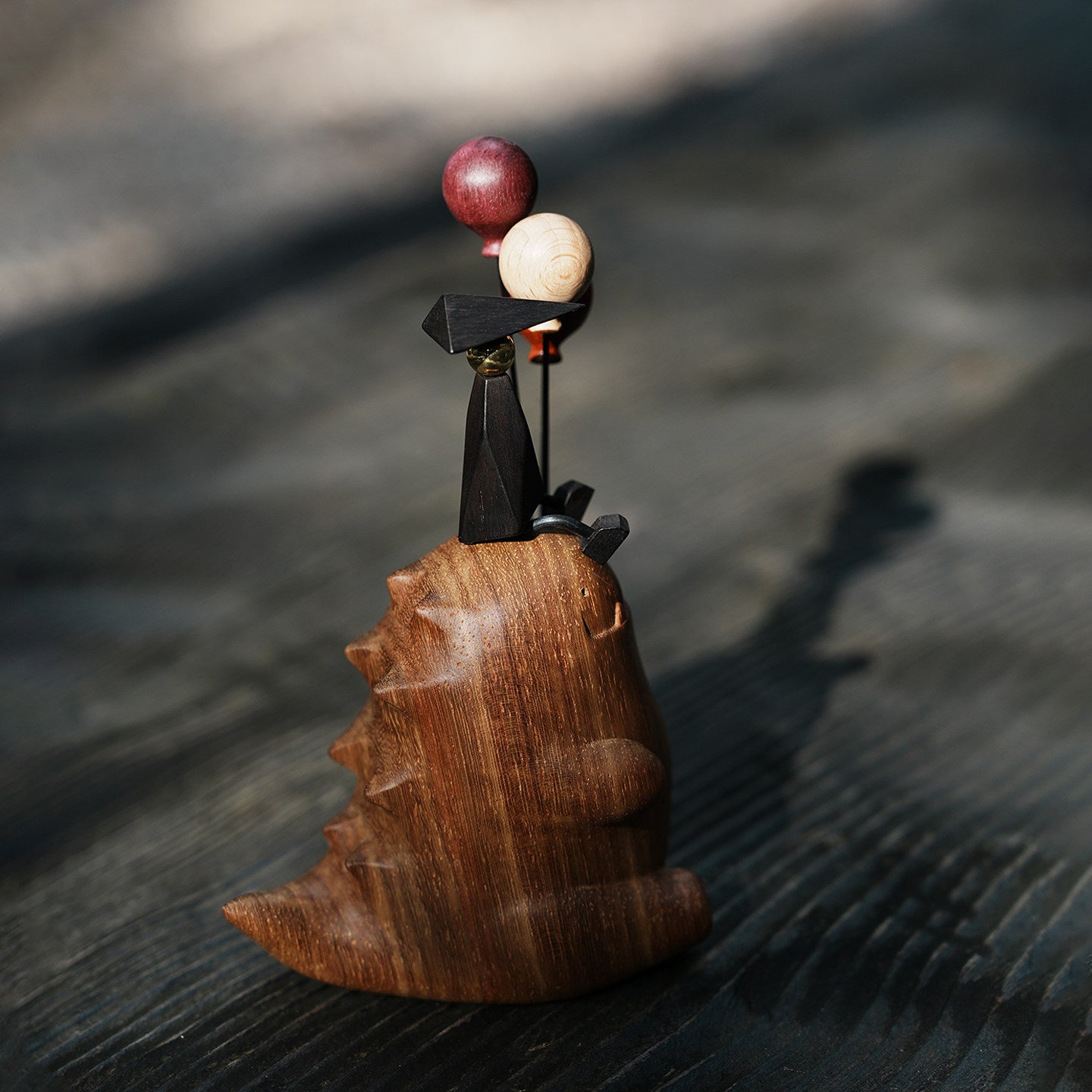 Dinosaur with Balloons Desktop Ornament | Handcrafted Wood Sculpture | Whimsical Gift