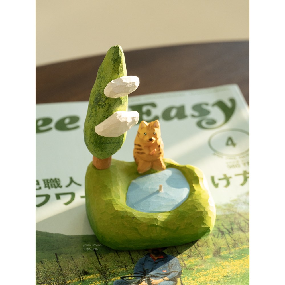 Fishing Cat Wooden Sculpture, Handcrafted Solid Wood Desk Art, Cozy Cat Gift