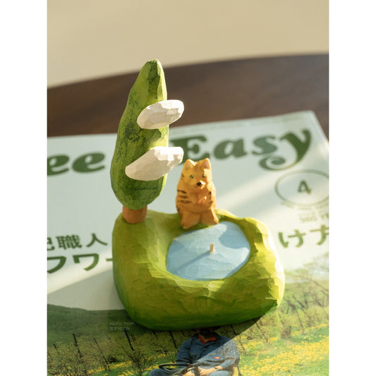 Fishing Cat Wooden Sculpture, Handcrafted Solid Wood Desk Art, Cozy Cat Gift