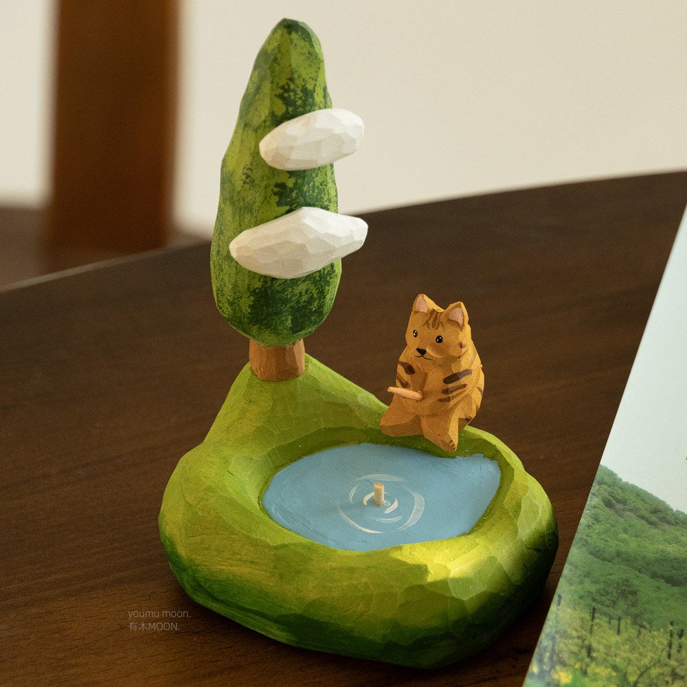 Fishing Cat Wooden Sculpture, Handcrafted Solid Wood Desk Art, Cozy Cat Gift