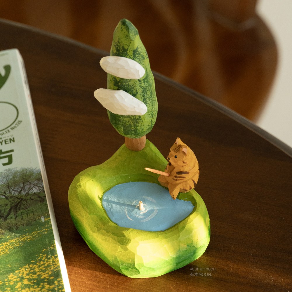 Fishing Cat Wooden Sculpture, Handcrafted Solid Wood Desk Art, Cozy Cat Gift