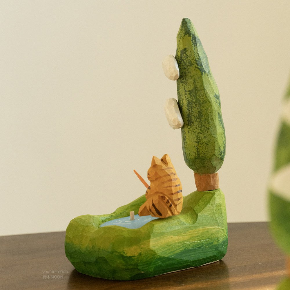Fishing Cat Wooden Sculpture, Handcrafted Solid Wood Desk Art, Cozy Cat Gift