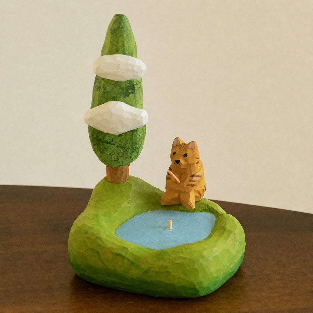 Fishing Cat Wooden Sculpture, Handcrafted Solid Wood Desk Art, Cozy Cat Gift