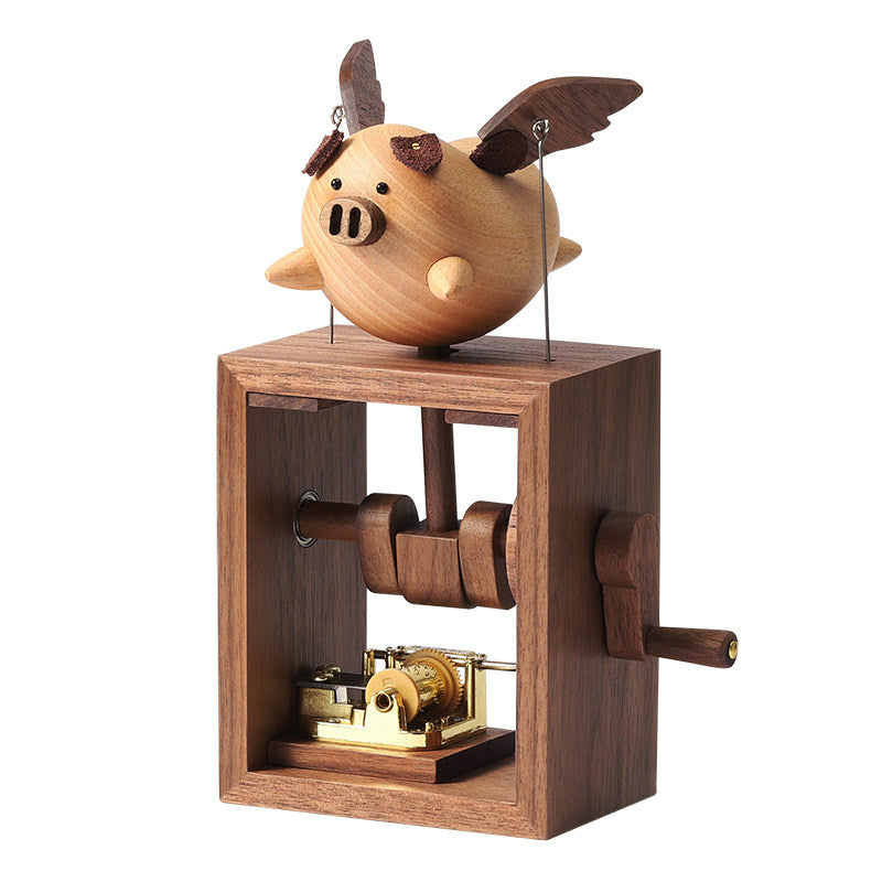 Flying Pig Music Box | Hand-Crank Wooden Ornament | Stress Relief & Positive Energy Gift