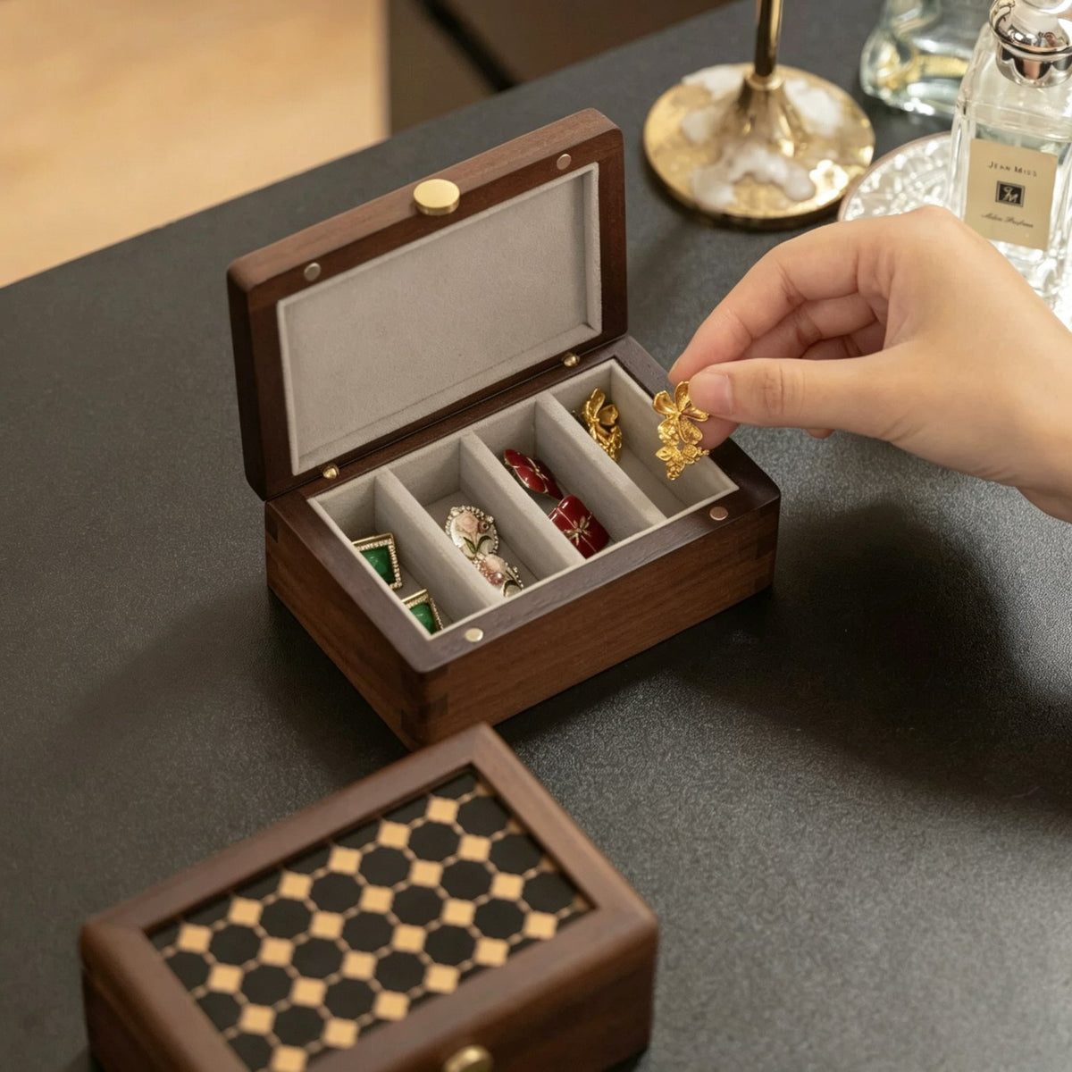 Geometric Glass & Walnut Jewelry Box | Ring & Earring Organizer