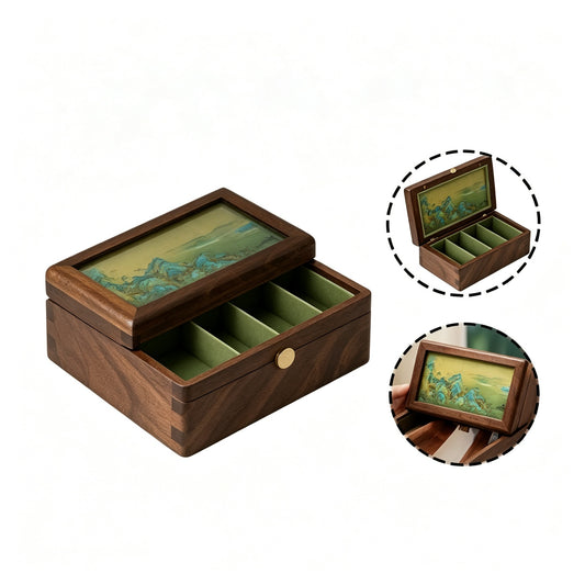 Geometric Glass & Walnut Jewelry Box | Ring & Earring Organizer
