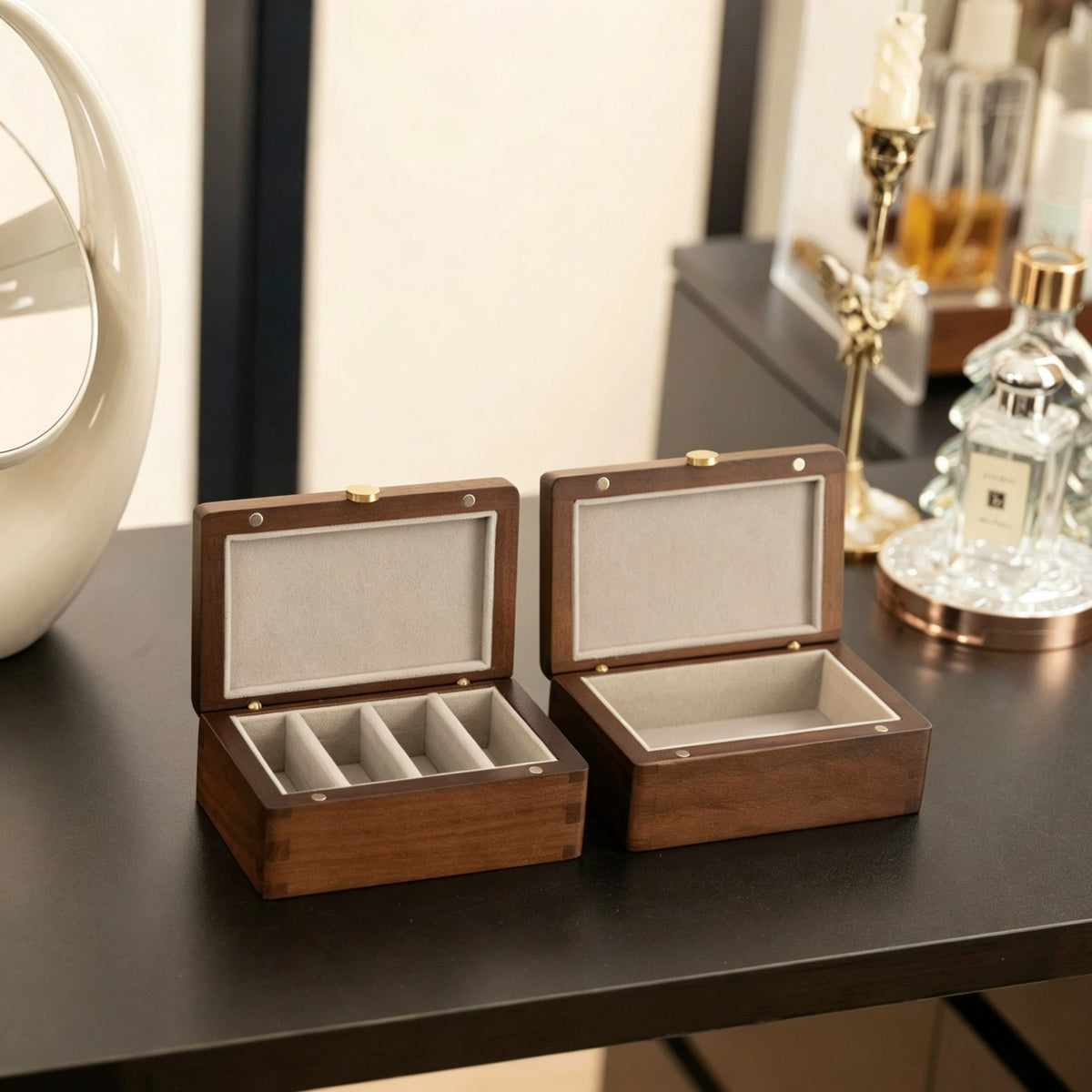 Geometric Glass & Walnut Jewelry Box | Ring & Earring Organizer