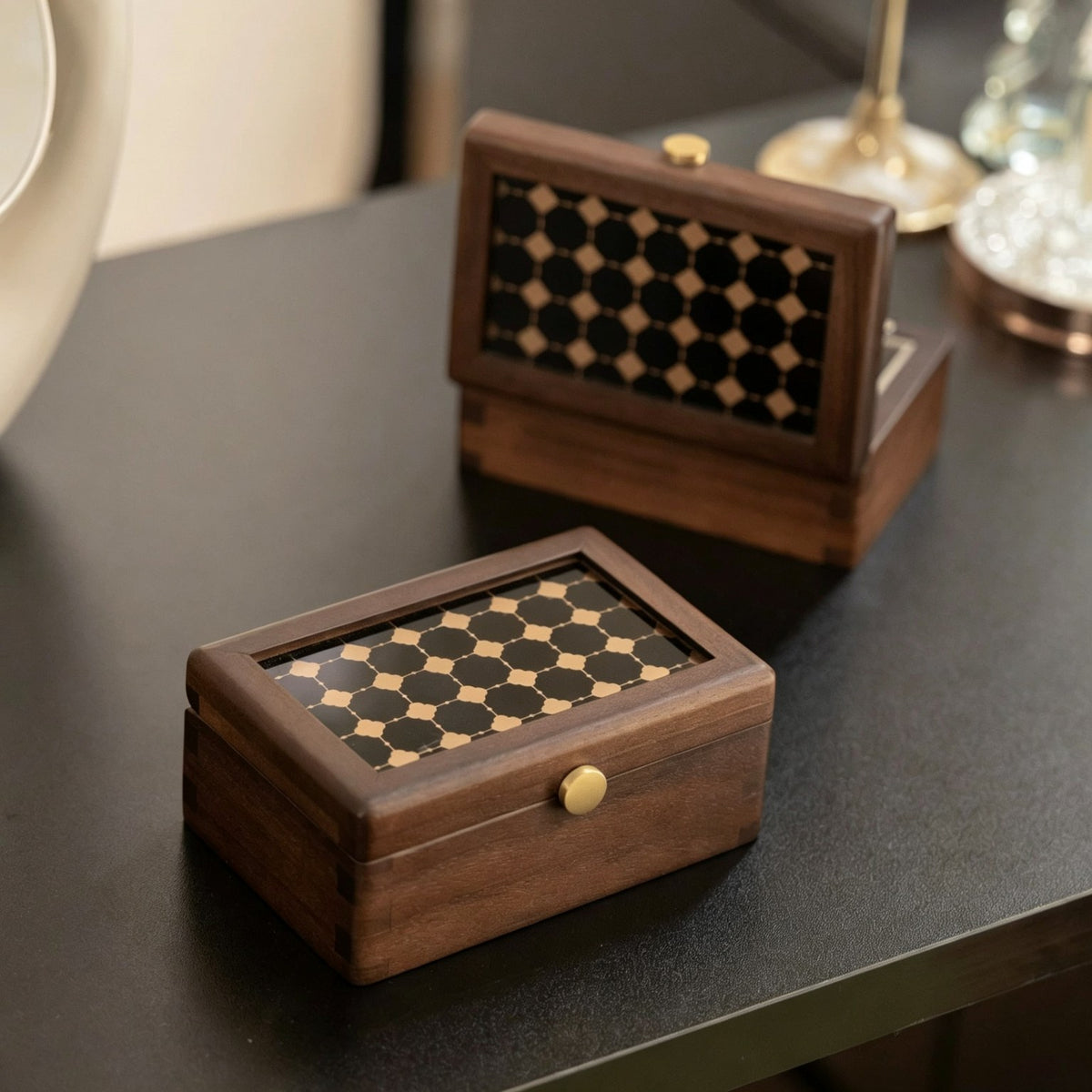 Geometric Glass & Walnut Jewelry Box | Ring & Earring Organizer