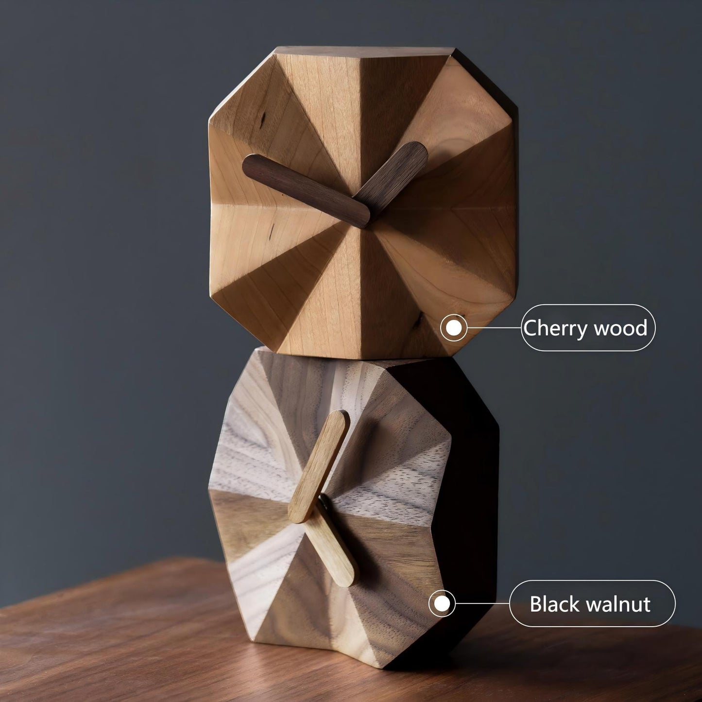 Geometric Wood Clock - Handcrafted Desktop Ornament & Timepiece