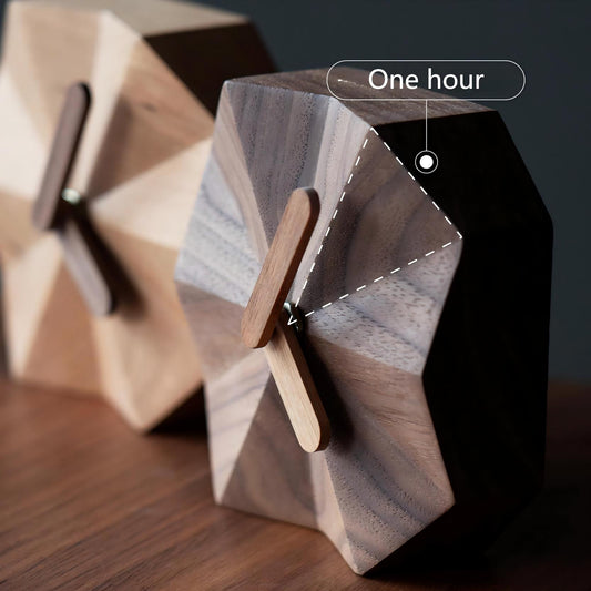 Geometric Wood Clock - Handcrafted Desktop Ornament & Timepiece