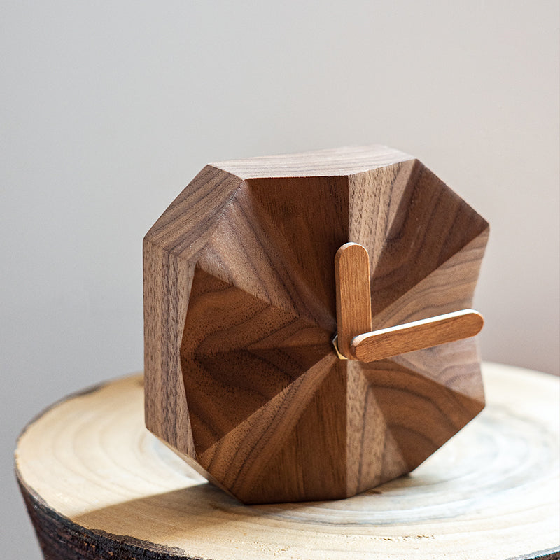 Geometric Wood Clock - Handcrafted Desktop Ornament & Timepiece