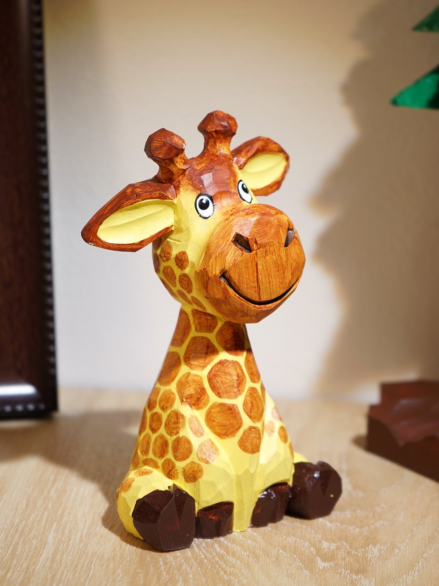 Giraffe Hand-Carved Wood Desk Figurine | Handpainted Basswood Sculpture | Cute Office Decor Gift