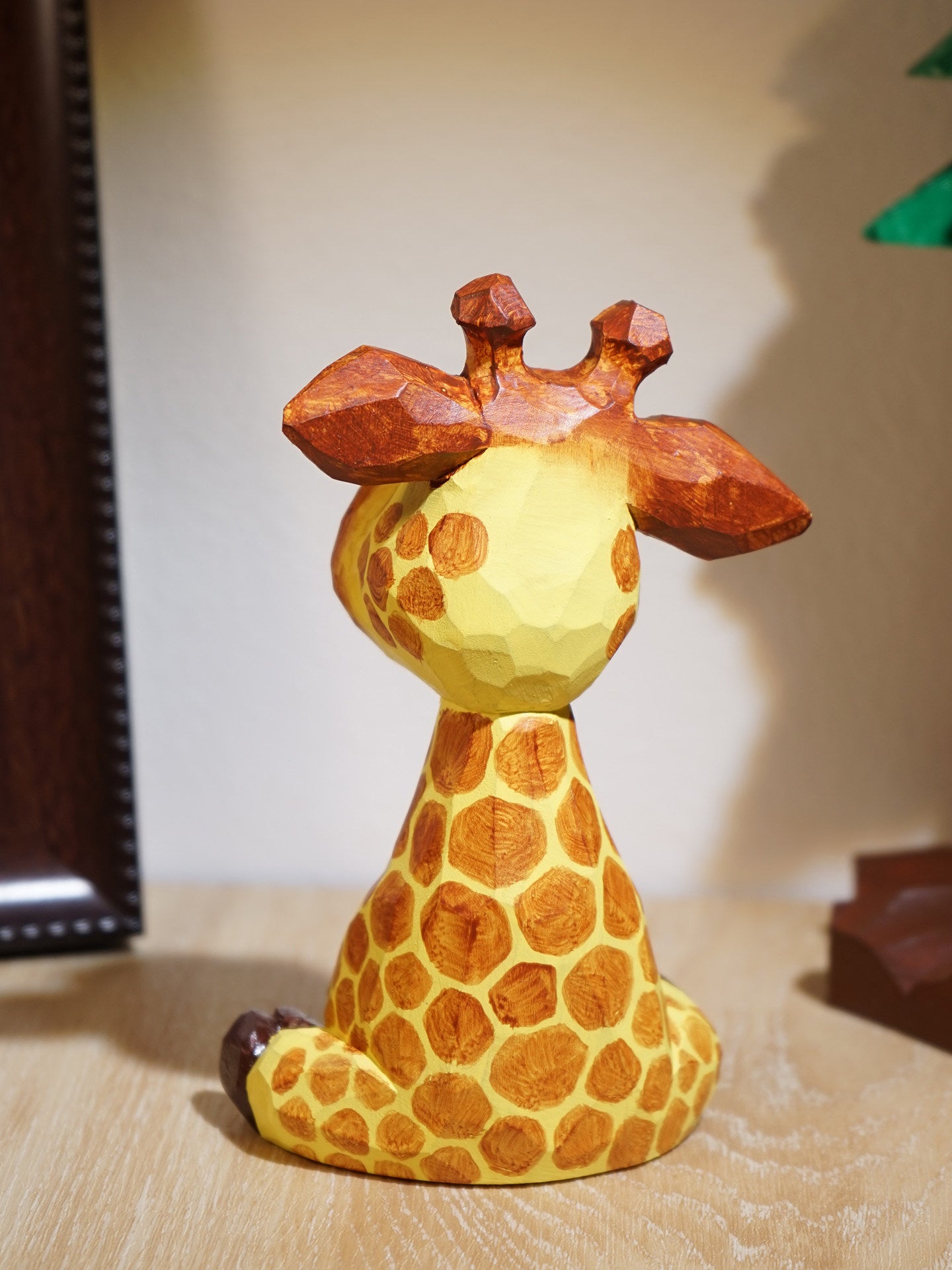 Giraffe Hand-Carved Wood Desk Figurine | Handpainted Basswood Sculpture | Cute Office Decor Gift