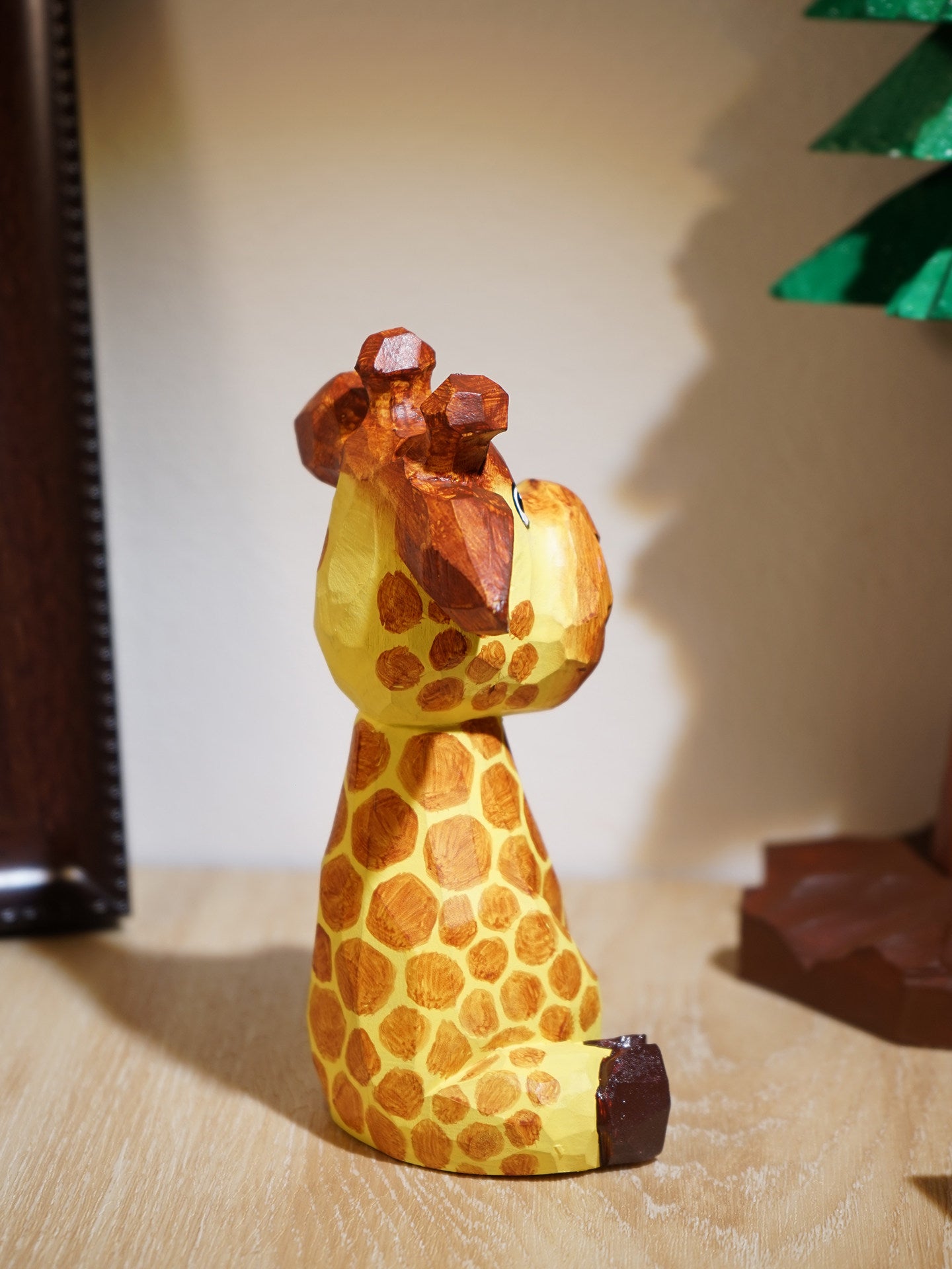 Giraffe Hand-Carved Wood Desk Figurine | Handpainted Basswood Sculpture | Cute Office Decor Gift