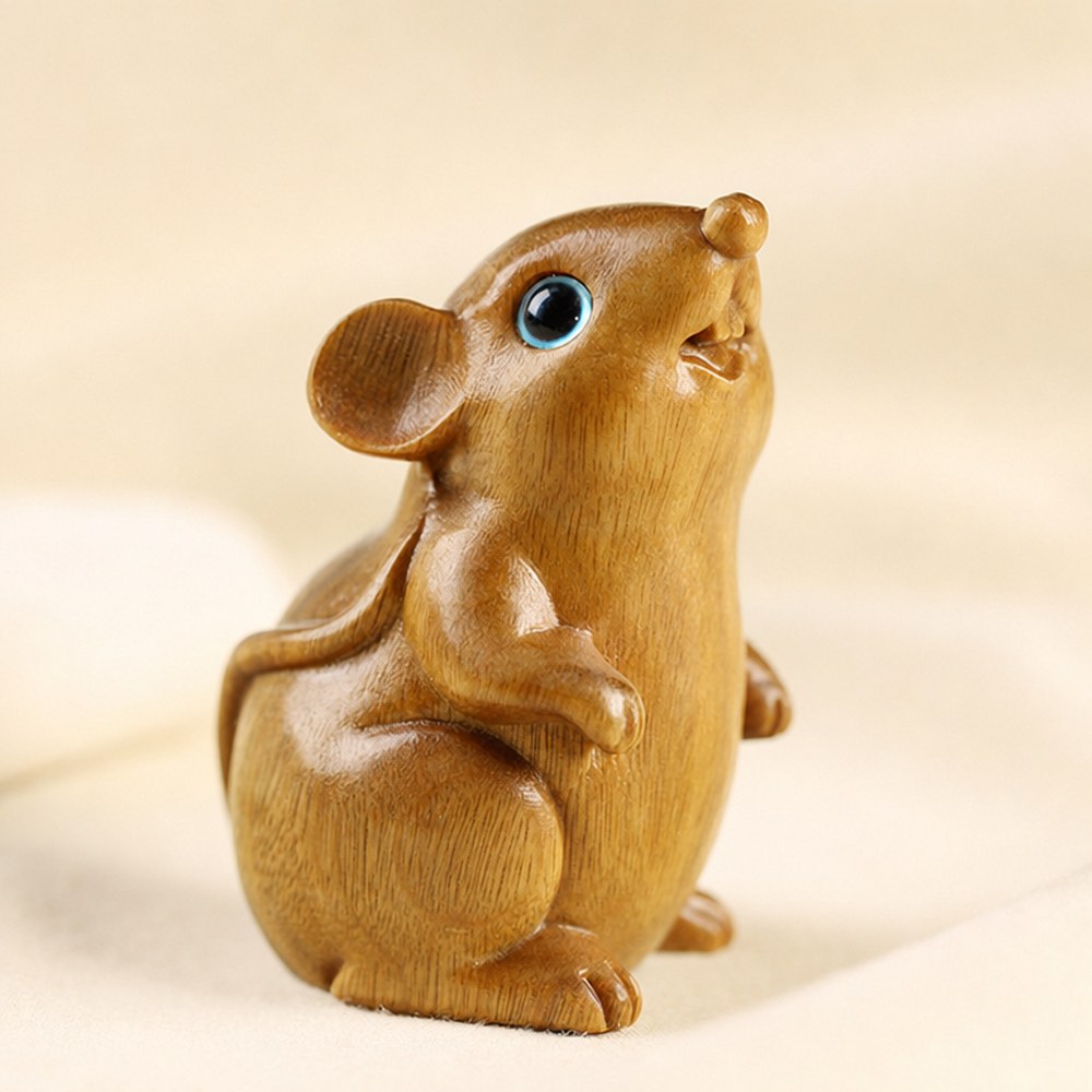 Green Sandalwood Fortune Mouse Figurine, Handcrafted Solid Wood Zodiac Desk Art, Auspicious Gift