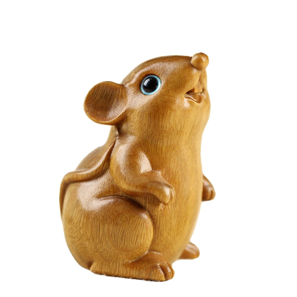 Green Sandalwood Fortune Mouse Figurine, Handcrafted Solid Wood Zodiac Desk Art, Auspicious Gift