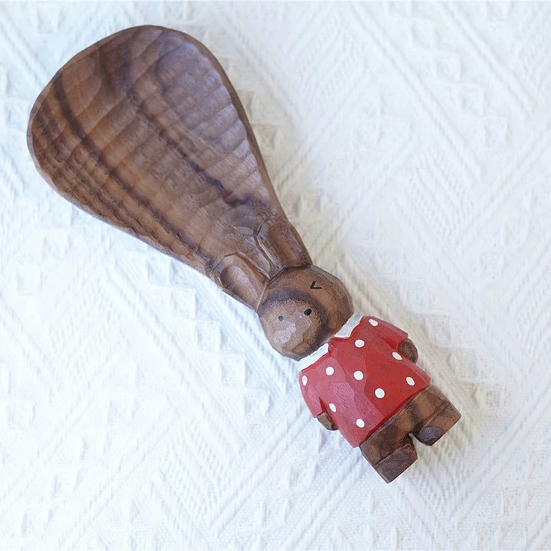 Hand-Carved Walnut Rabbit Rice Paddle | Decorative Wooden Spoon