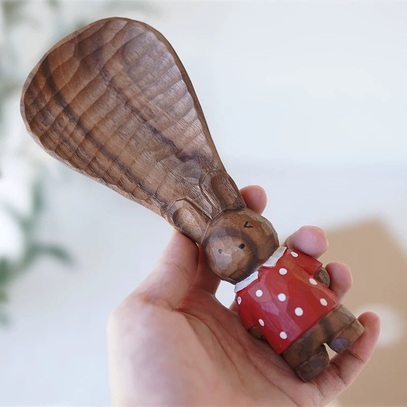 Hand-Carved Walnut Rabbit Rice Paddle | Decorative Wooden Spoon