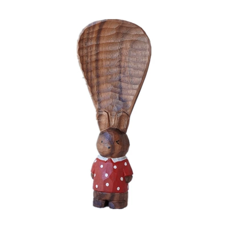 Hand-Carved Walnut Rabbit Rice Paddle | Decorative Wooden Spoon