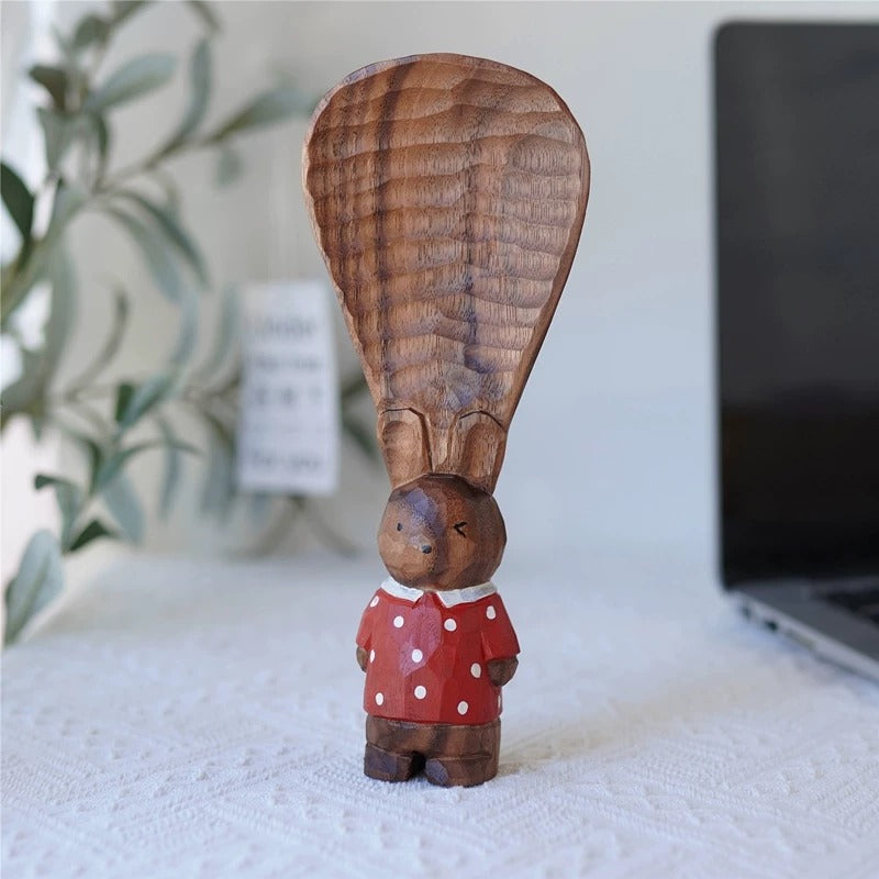 Hand-Carved Walnut Rabbit Rice Paddle | Decorative Wooden Spoon