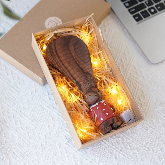 Hand-Carved Walnut Rabbit Rice Paddle | Decorative Wooden Spoon