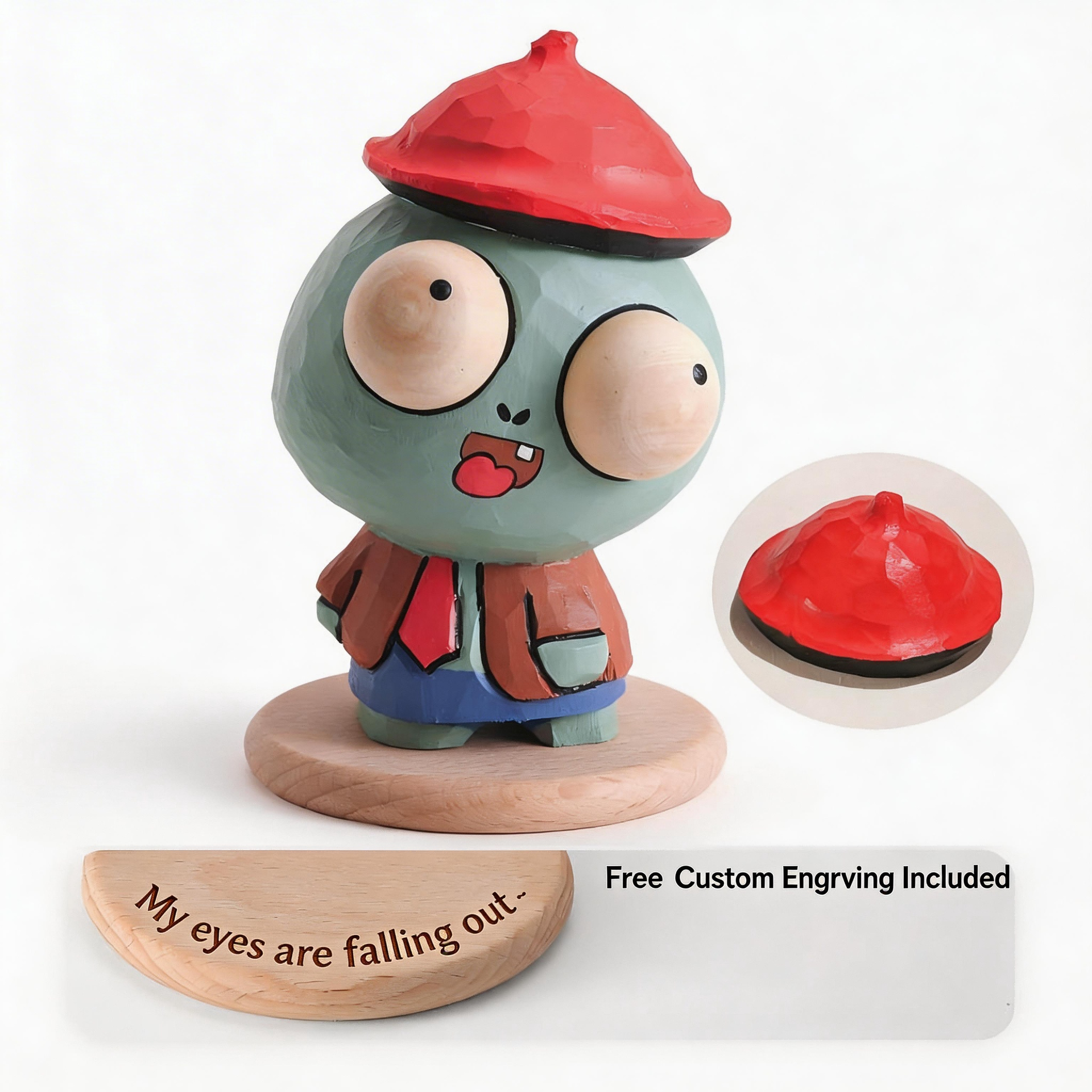 Hand-Carved Zombie Wood Sculpture - Hand-Painted Desk Ornament