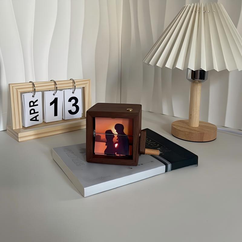 Hand-Crank Mechanical Photo Album | 12-Photo Rotating Display with Ambient Light | Walnut & Cherry Wood