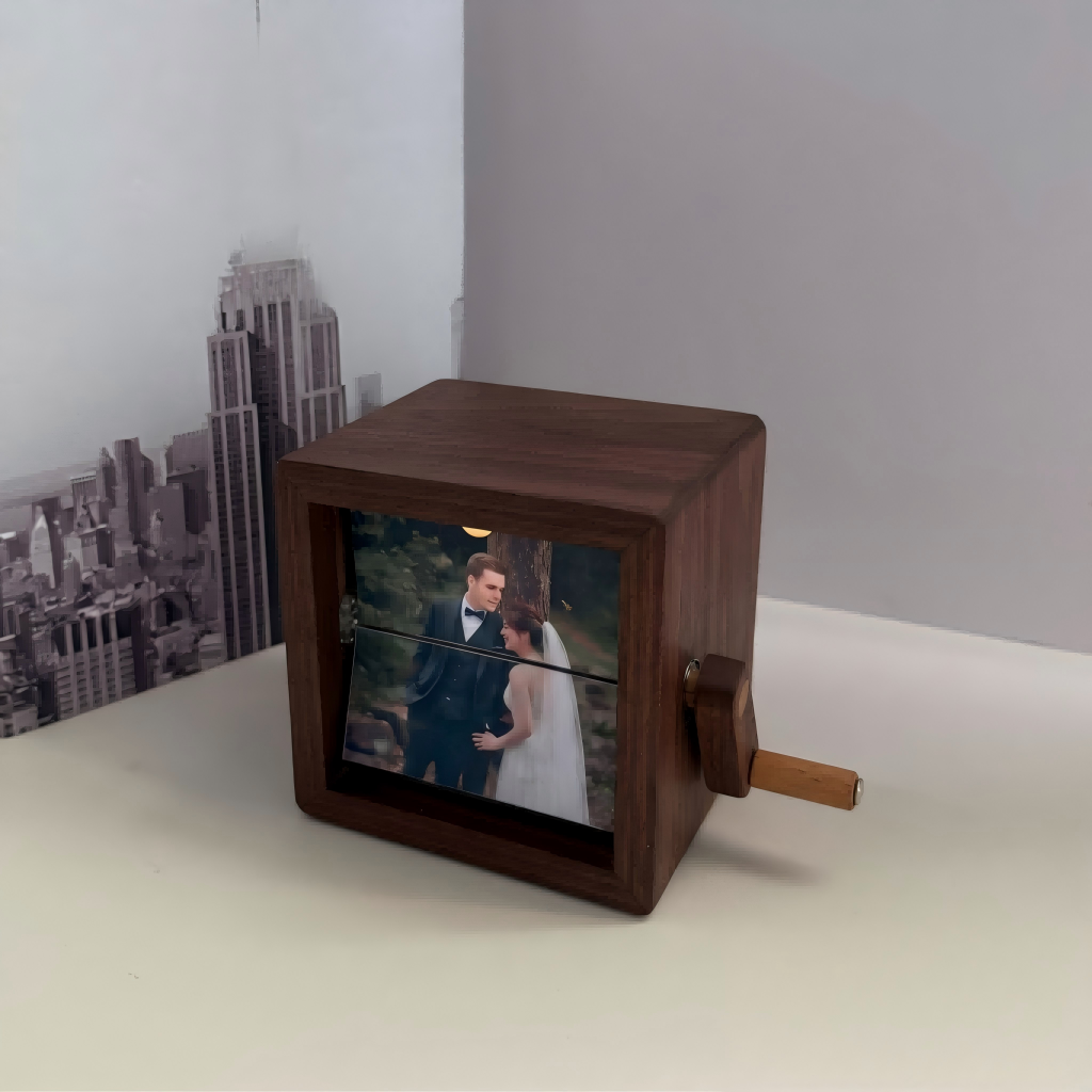 Hand-Crank Mechanical Photo Album | 12-Photo Rotating Display with Ambient Light | Walnut & Cherry Wood