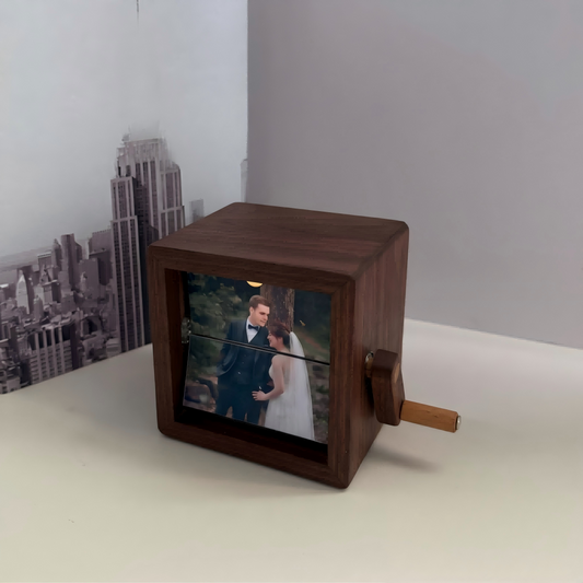 Hand-Crank Mechanical Photo Album | 12-Photo Rotating Display with Ambient Light | Walnut & Cherry Wood