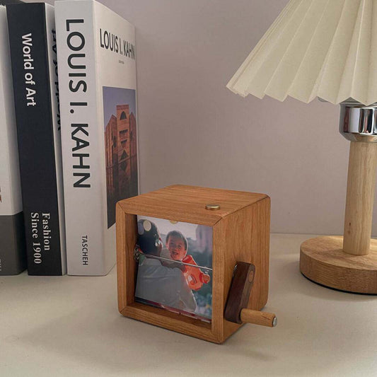 Hand-Crank Mechanical Photo Album | 12-Photo Rotating Display with Ambient Light | Walnut & Cherry Wood
