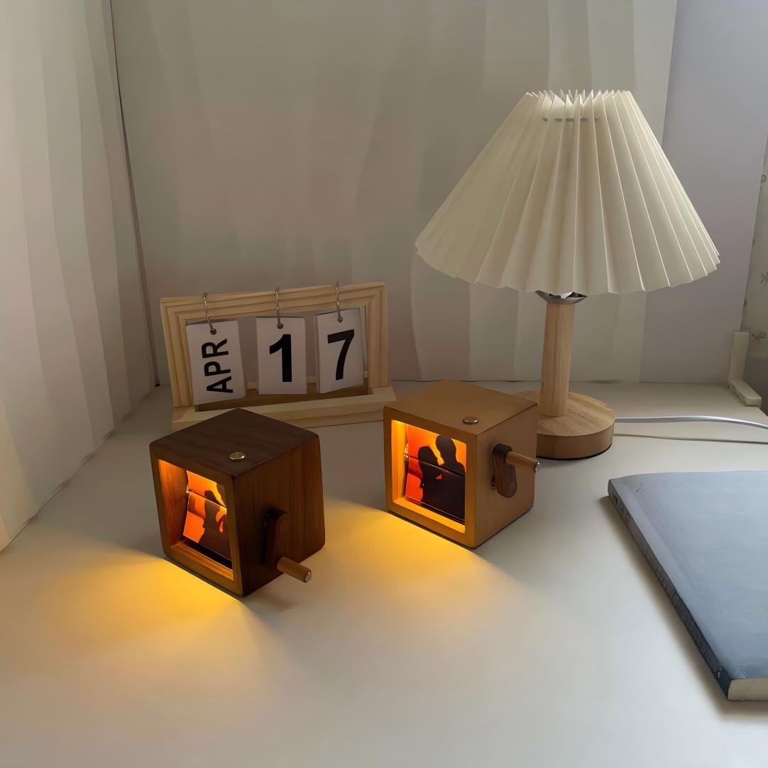 Hand-Crank Mechanical Photo Album | 12-Photo Rotating Display with Ambient Light | Walnut & Cherry Wood