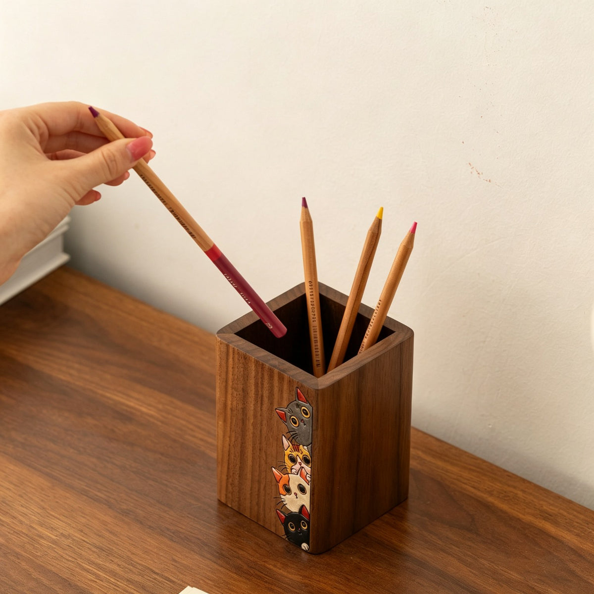 Hand-Painted Walnut Pen Holder