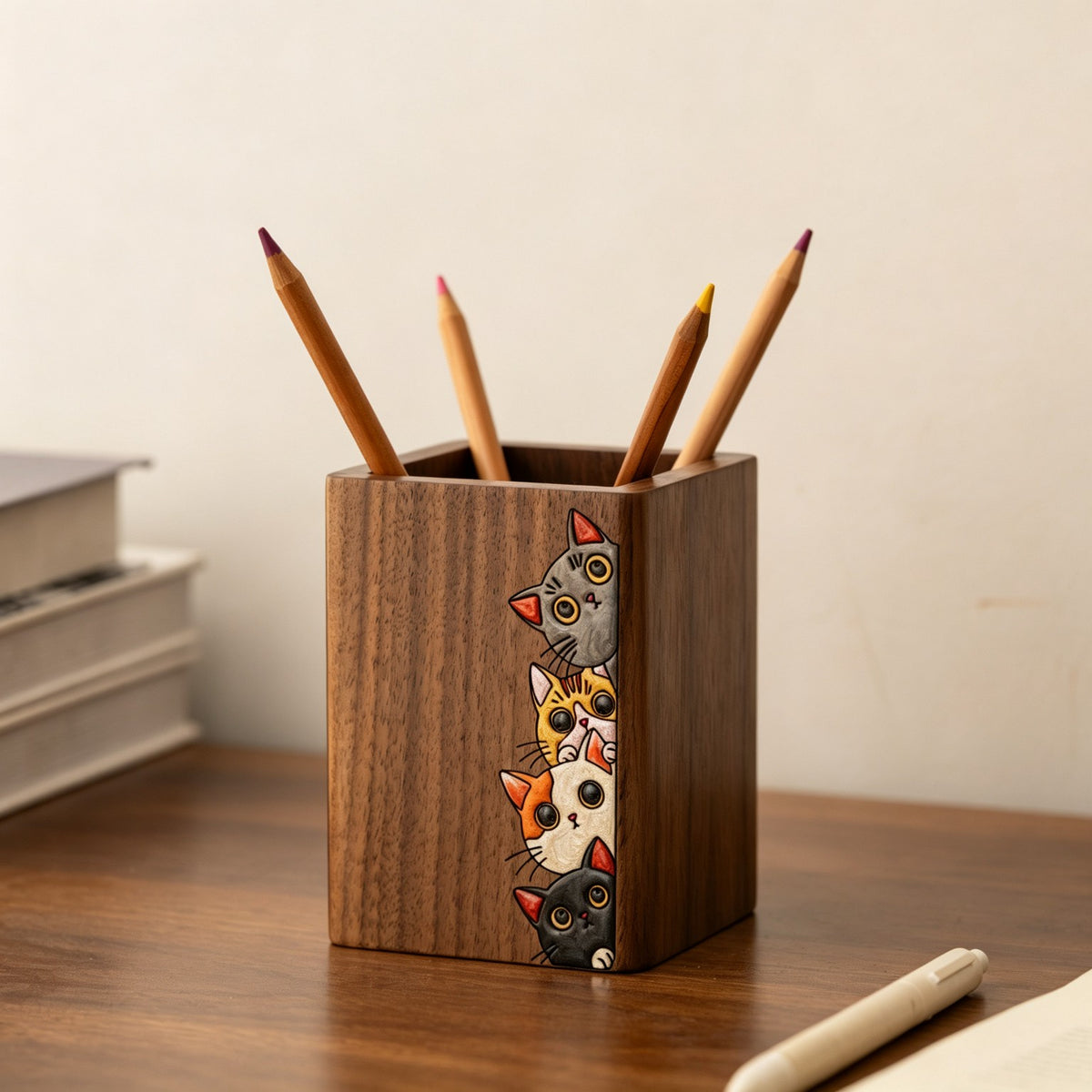 Hand-Painted Walnut Pen Holder