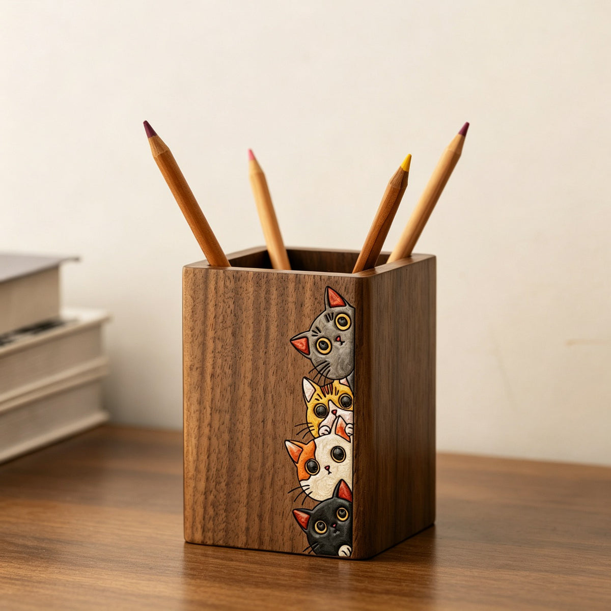 Hand-Painted Walnut Pen Holder