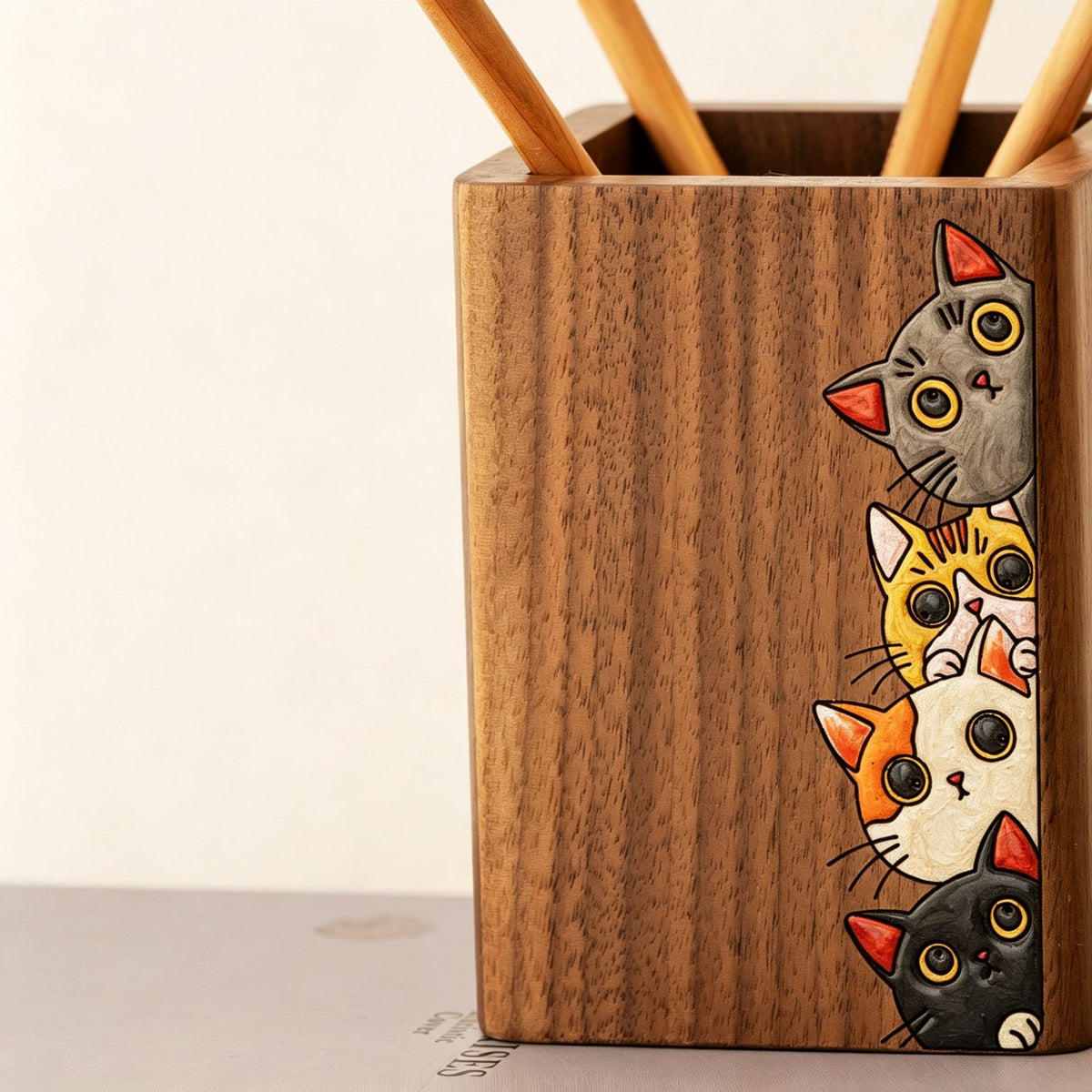 Hand-Painted Walnut Pen Holder