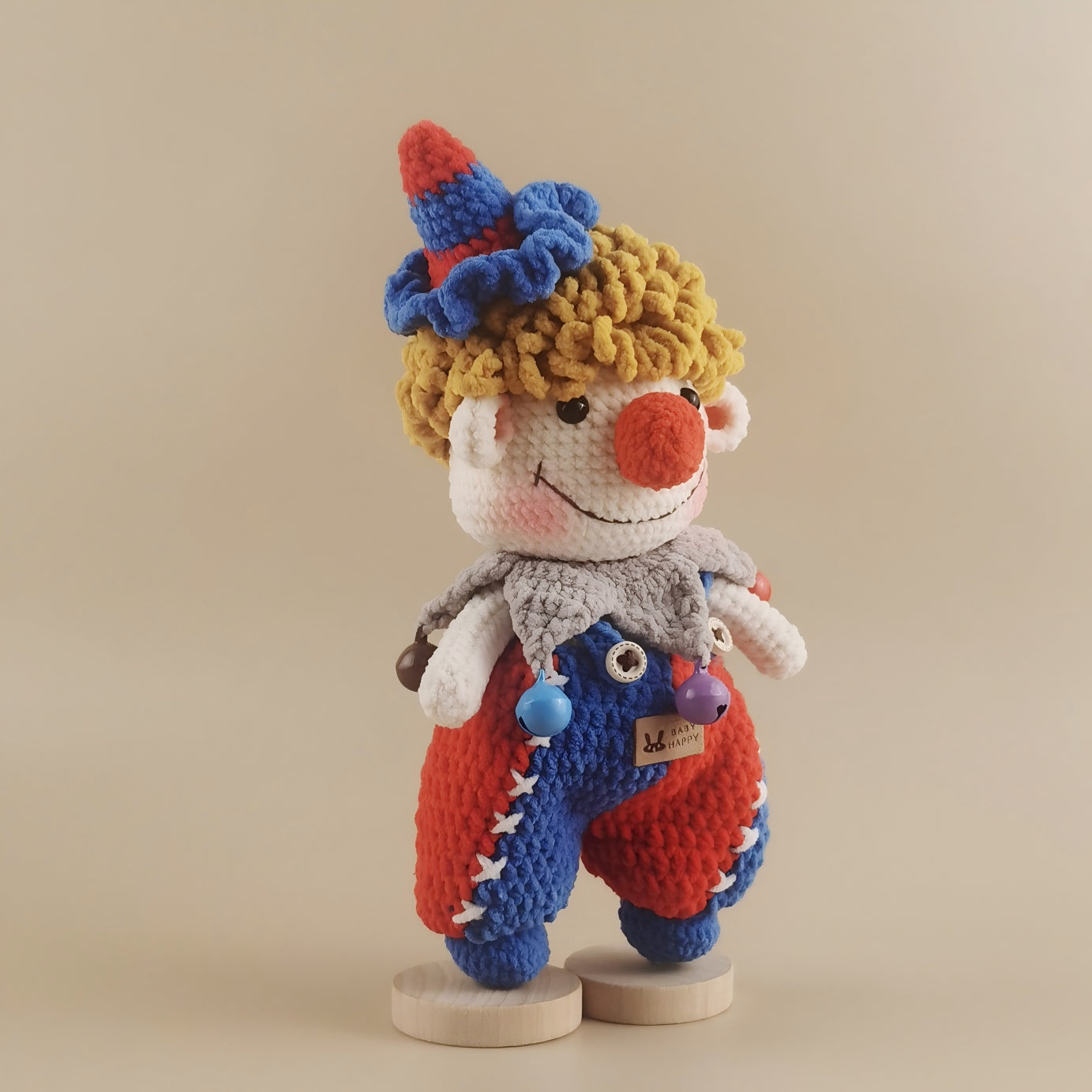 Handmade Crochet Clown Doll | Original Design Yarn Figurine with Wood Stand | Cute Collectible Gift