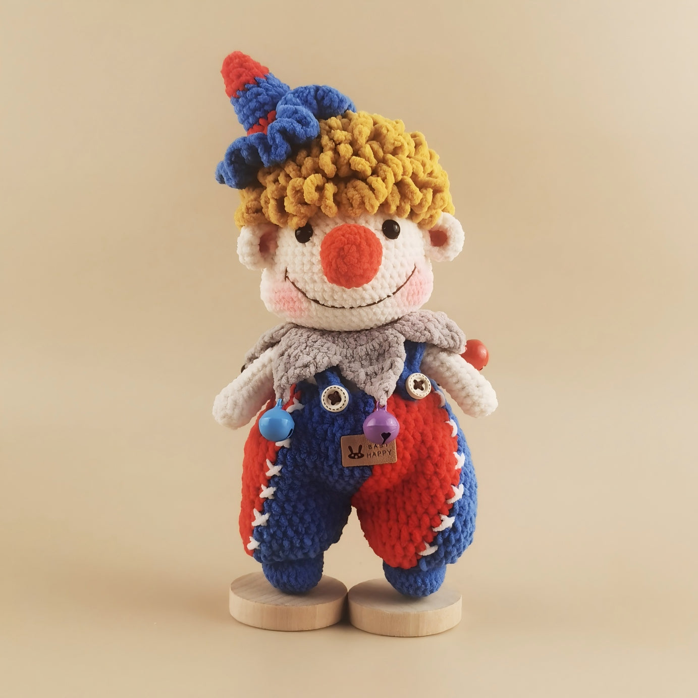 Handmade Crochet Clown Doll | Original Design Yarn Figurine with Wood Stand | Cute Collectible Gift