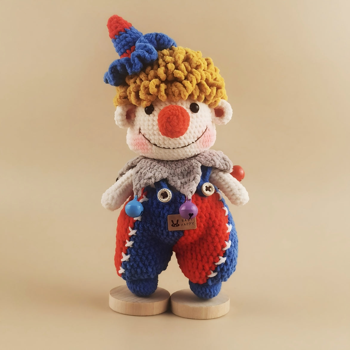 Handmade Crochet Clown Doll | Original Design Yarn Figurine with Wood Stand | Cute Collectible Gift