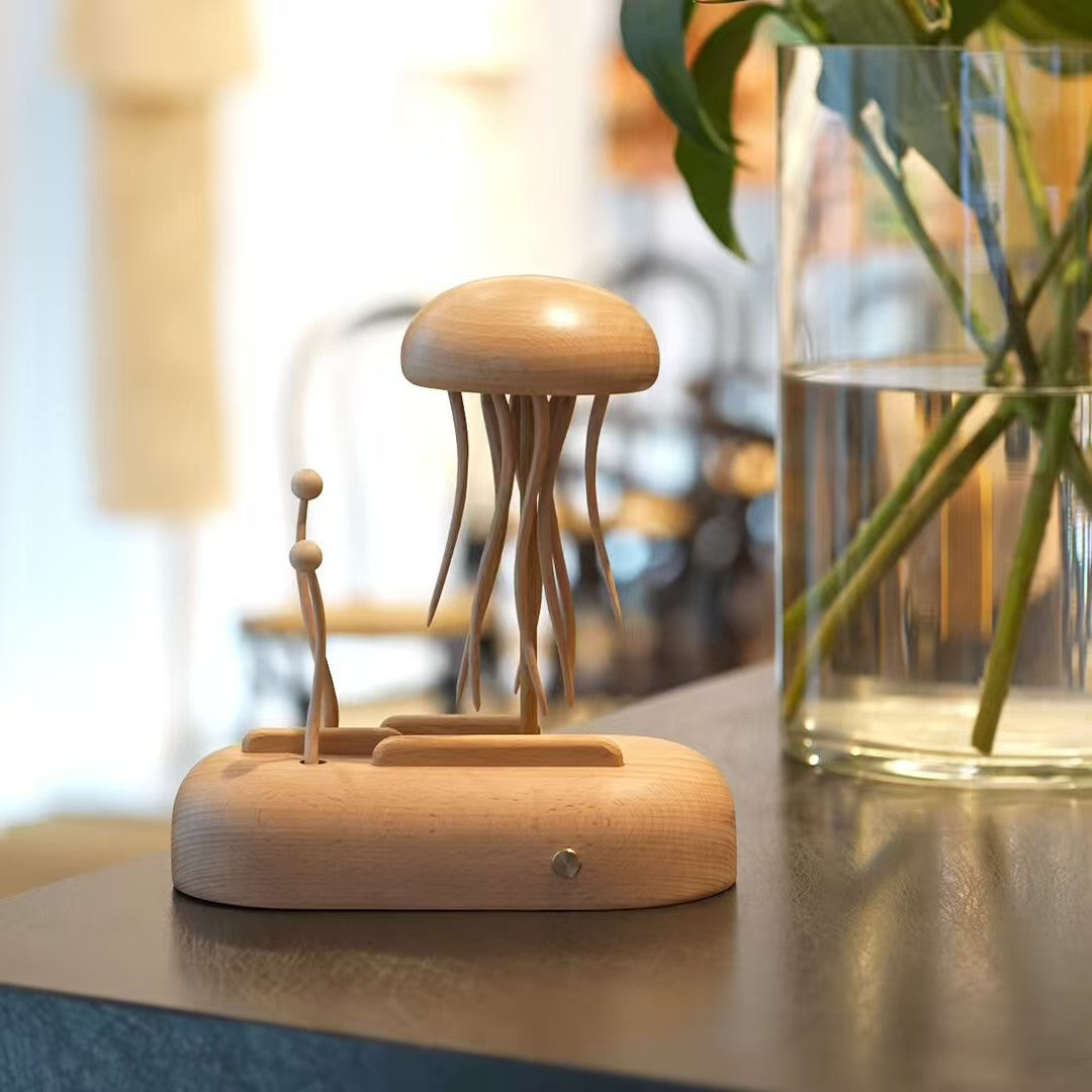 Kinetic Jellyfish Sculpture - Handcrafted Beech Wood Desktop Art