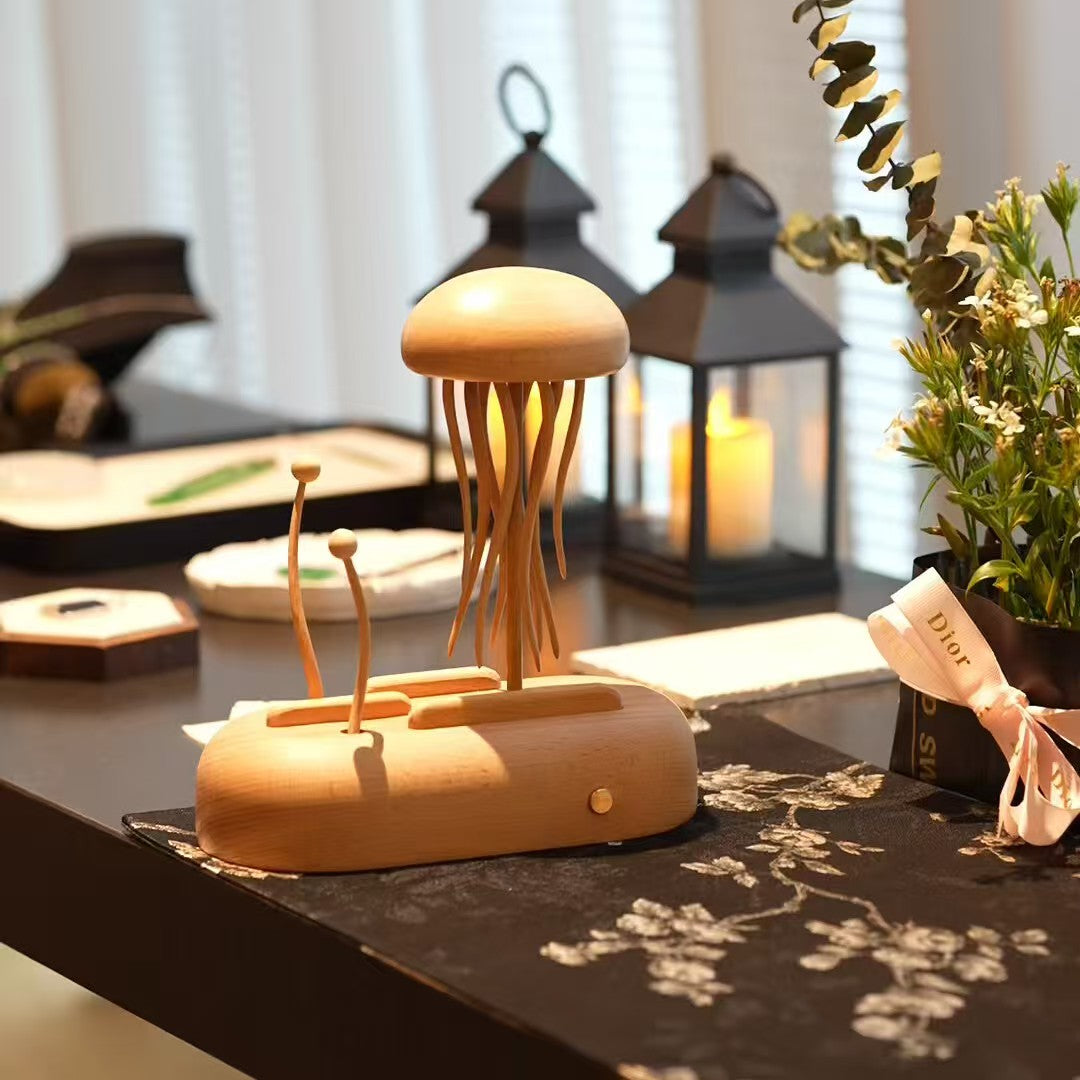 Kinetic Jellyfish Sculpture - Handcrafted Beech Wood Desktop Art