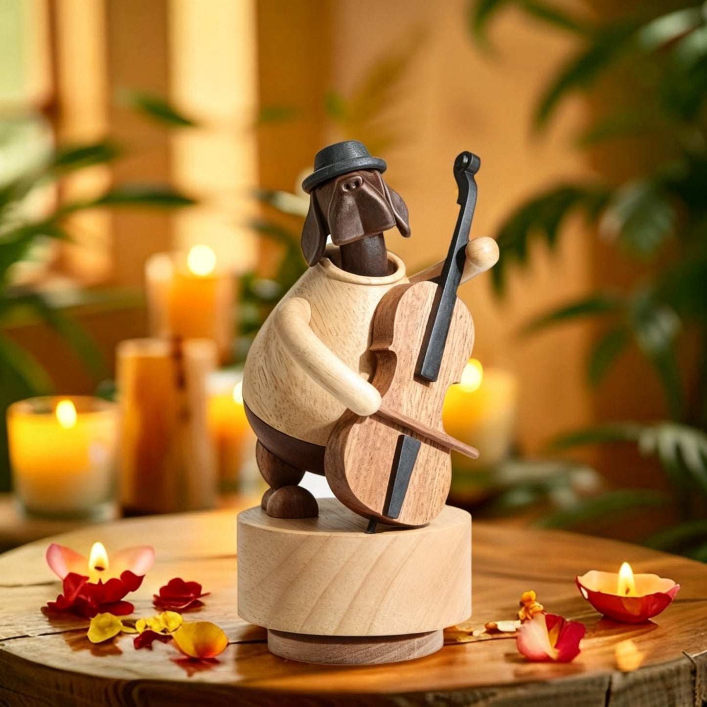 Labrador Cellist Rotating Music Box | Solid Wood | Wind-Up Mechanical | 3 Songs | Engravable