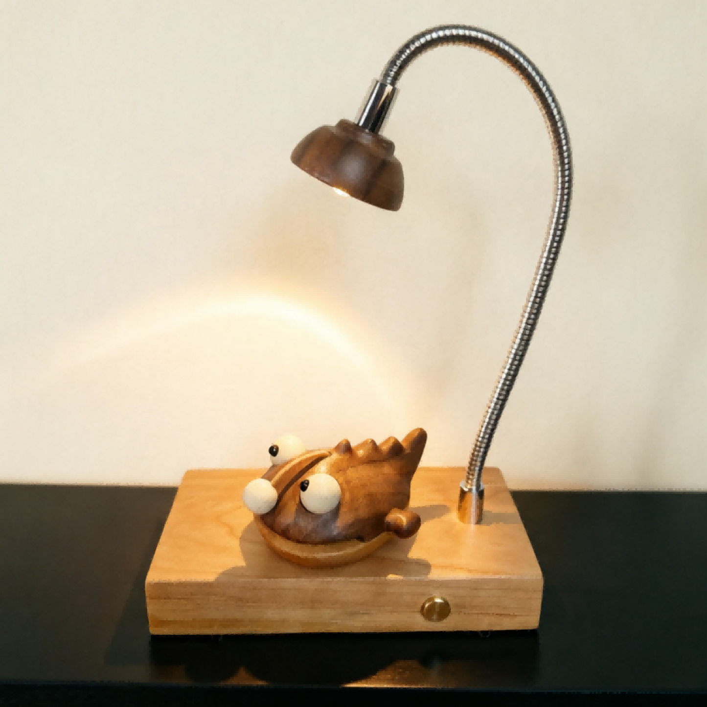 Lanternfish Wood Night Light | Cherry Wood Walnut & Brass Desk Sculpture | Engravable Rechargeable Decor