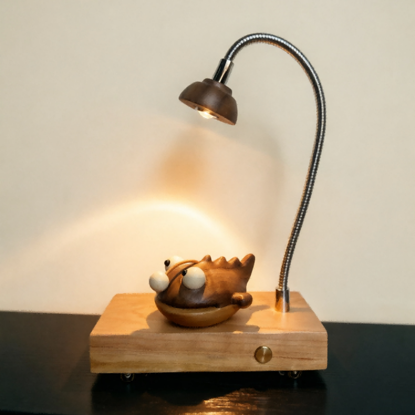 Lanternfish Wood Night Light | Cherry Wood Walnut & Brass Desk Sculpture | Engravable Rechargeable Decor
