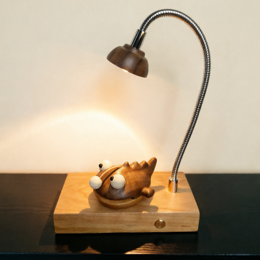 Lanternfish Wood Night Light | Cherry Wood Walnut & Brass Desk Sculpture | Engravable Rechargeable Decor